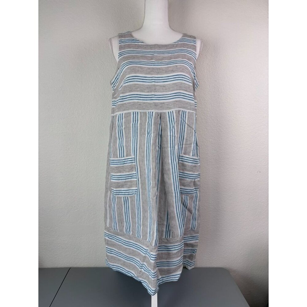 J. Jill women's small brown blue striped 100% linen knee length shift dress - Picture 1 of 9